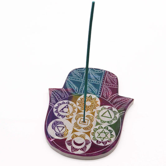 Großer Hamsa-Räucherstäbchenhalter 18 x 15 x 1,2 cm – 7 Chakra