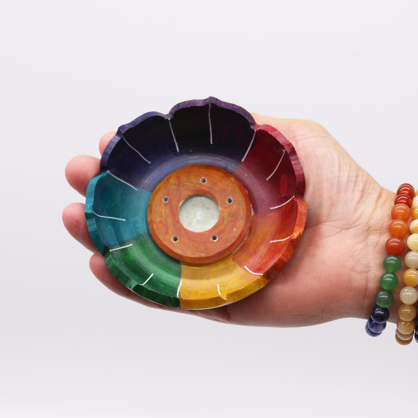 Porte-encens en stéatite fleur de lotus 10 x 3 cm - Couleurs des chakras