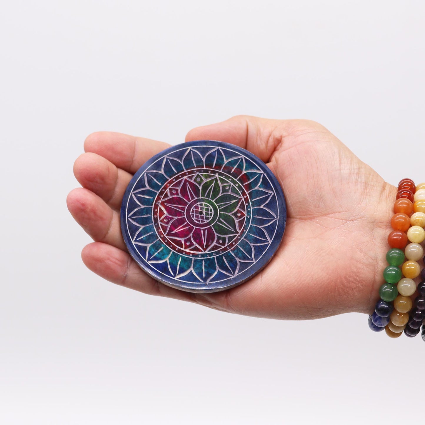 Porte-encens en forme de disque en stéatite 8 cm - Lotus sur lotus