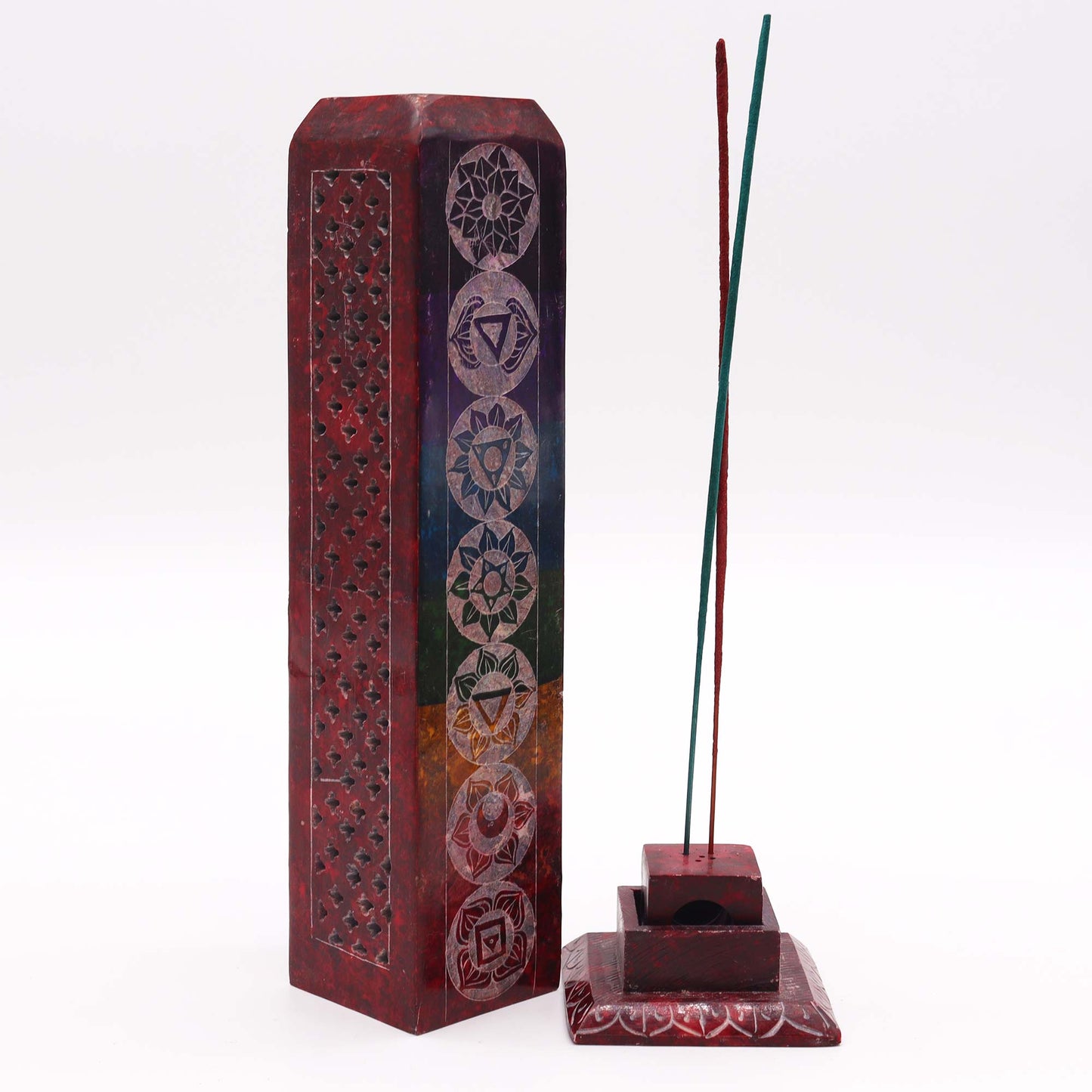 Porte-encens carré en pierre ollaire 25 cm - 7 chakras