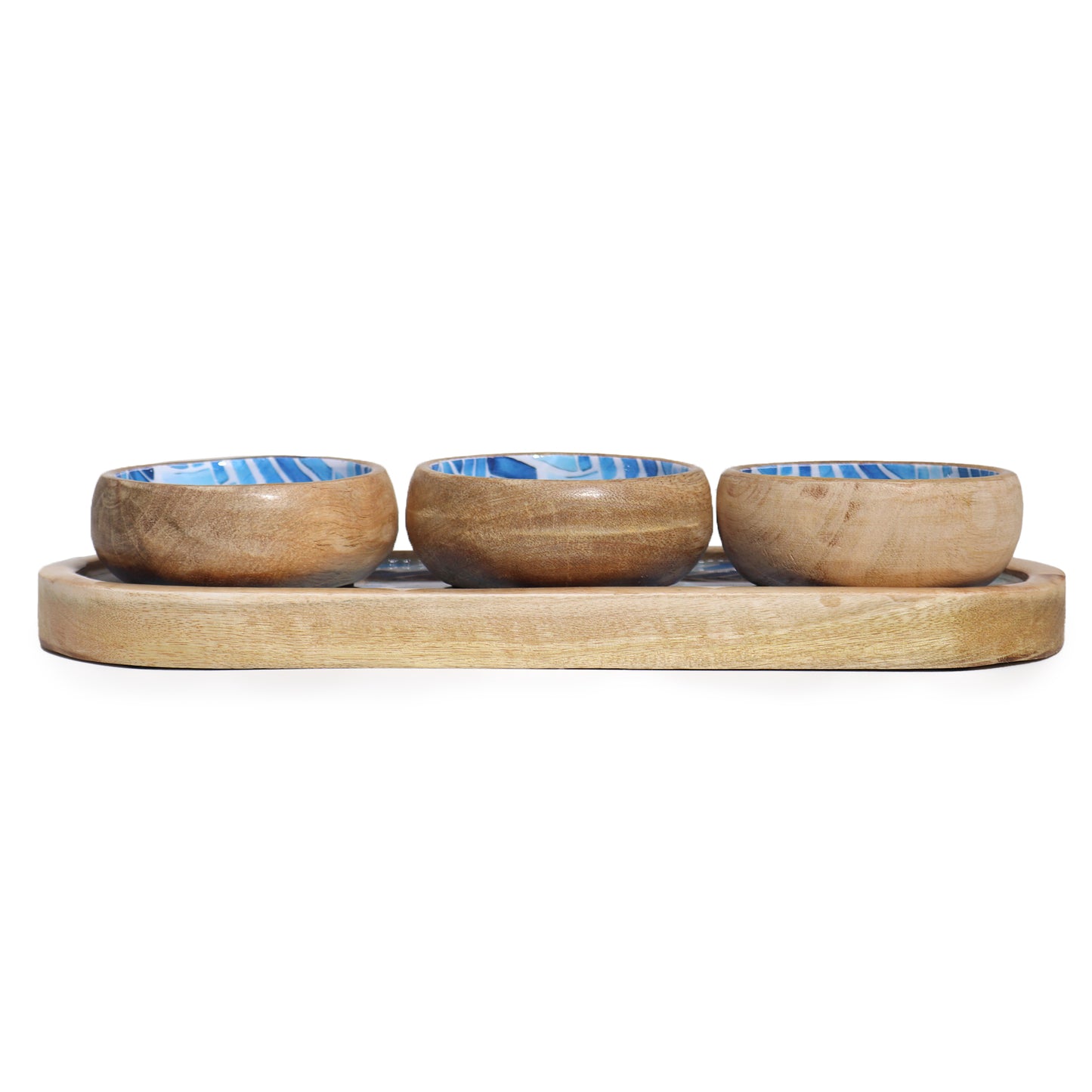Mangoholztablett mit 3 Schalen - Blaue Streifen