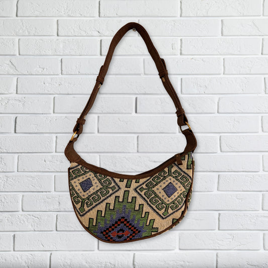Bolso Hobo de Jacquard - Geo-Verde (correa marrón)