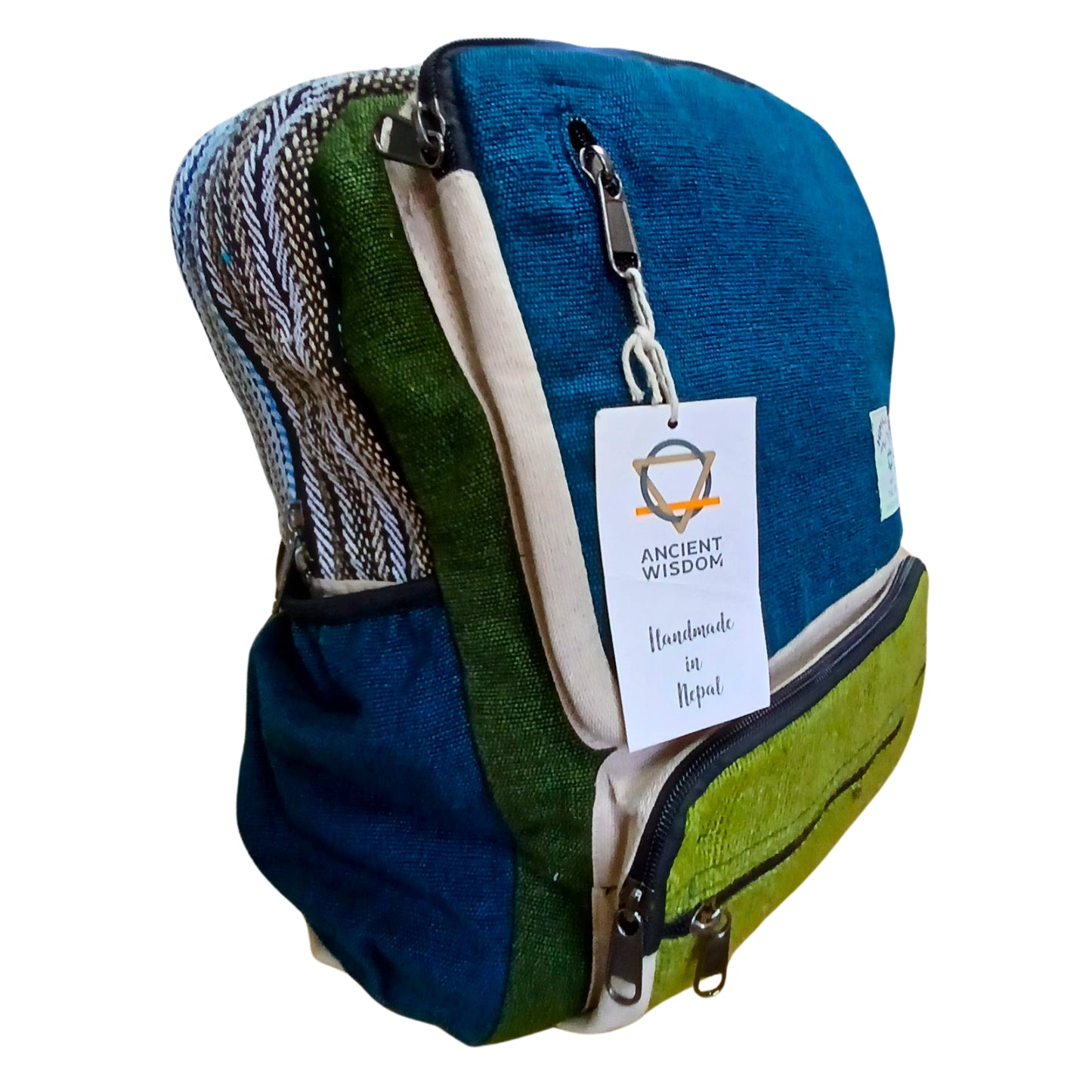 Grand sac à dos en chanvre - Bleu sarcelle et sauge