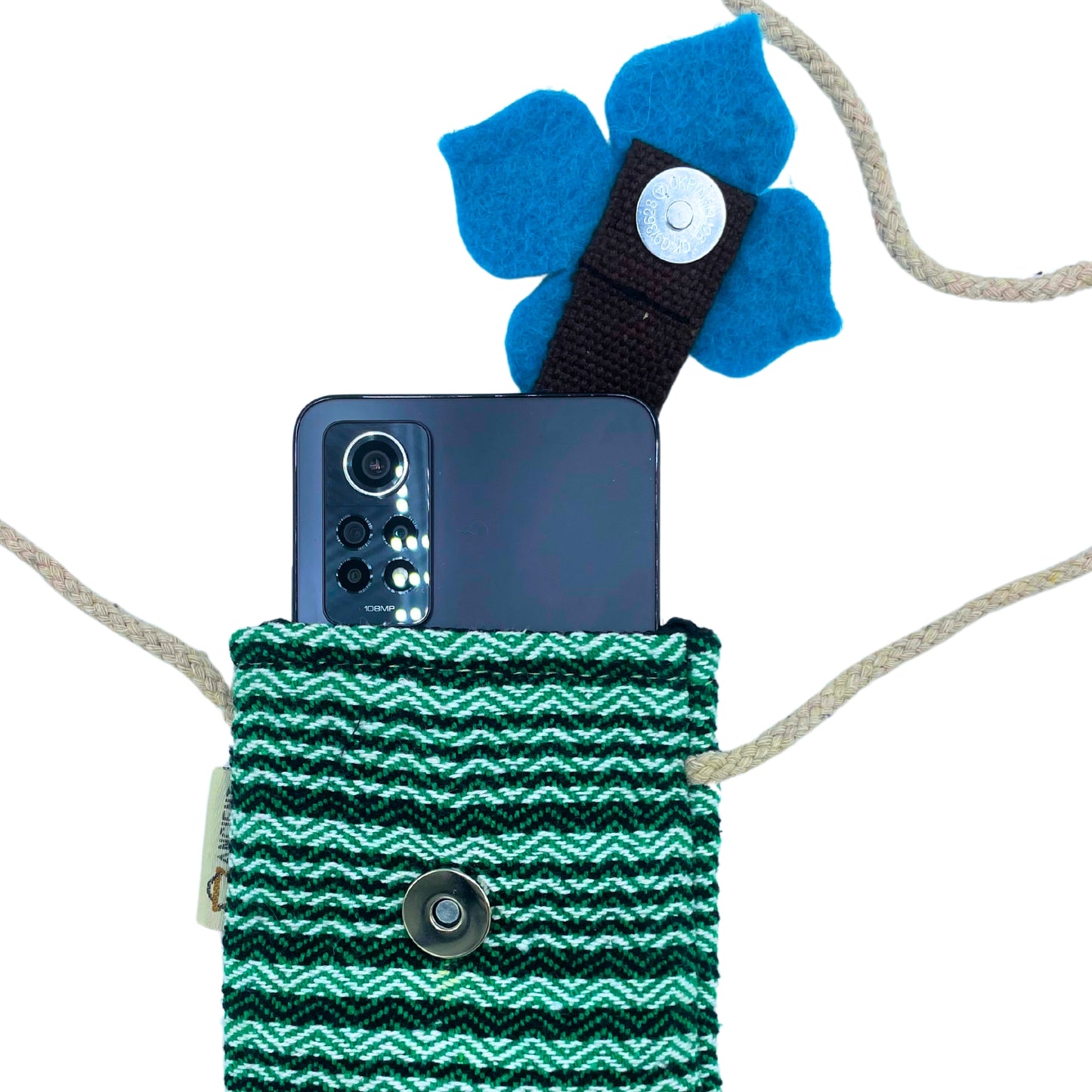 Sac pour téléphone à rayures vertes - Décoré de fleurs