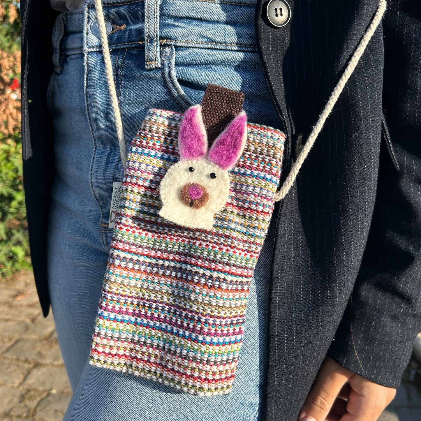 Sac de téléphone à rayures roses - Décoré d'un lapin