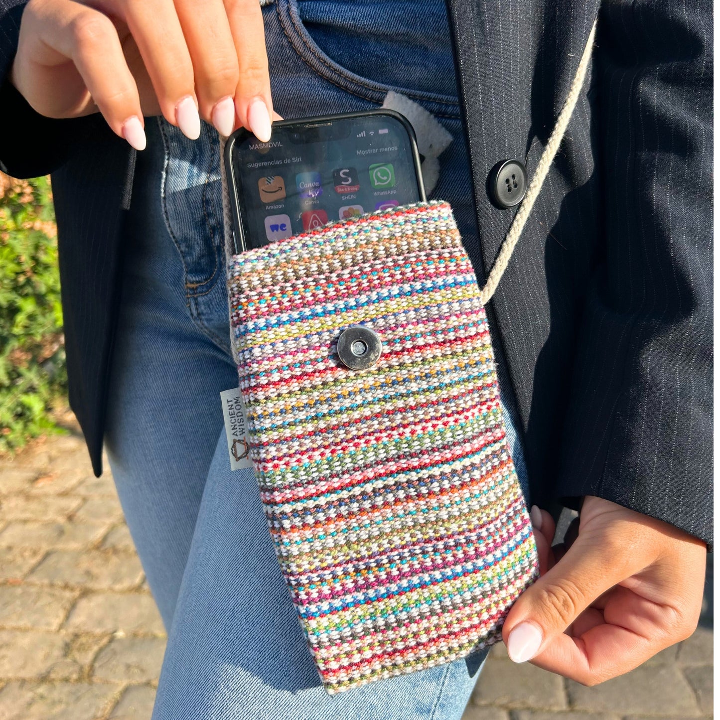 Sac de téléphone à rayures roses - Décoré d'un lapin