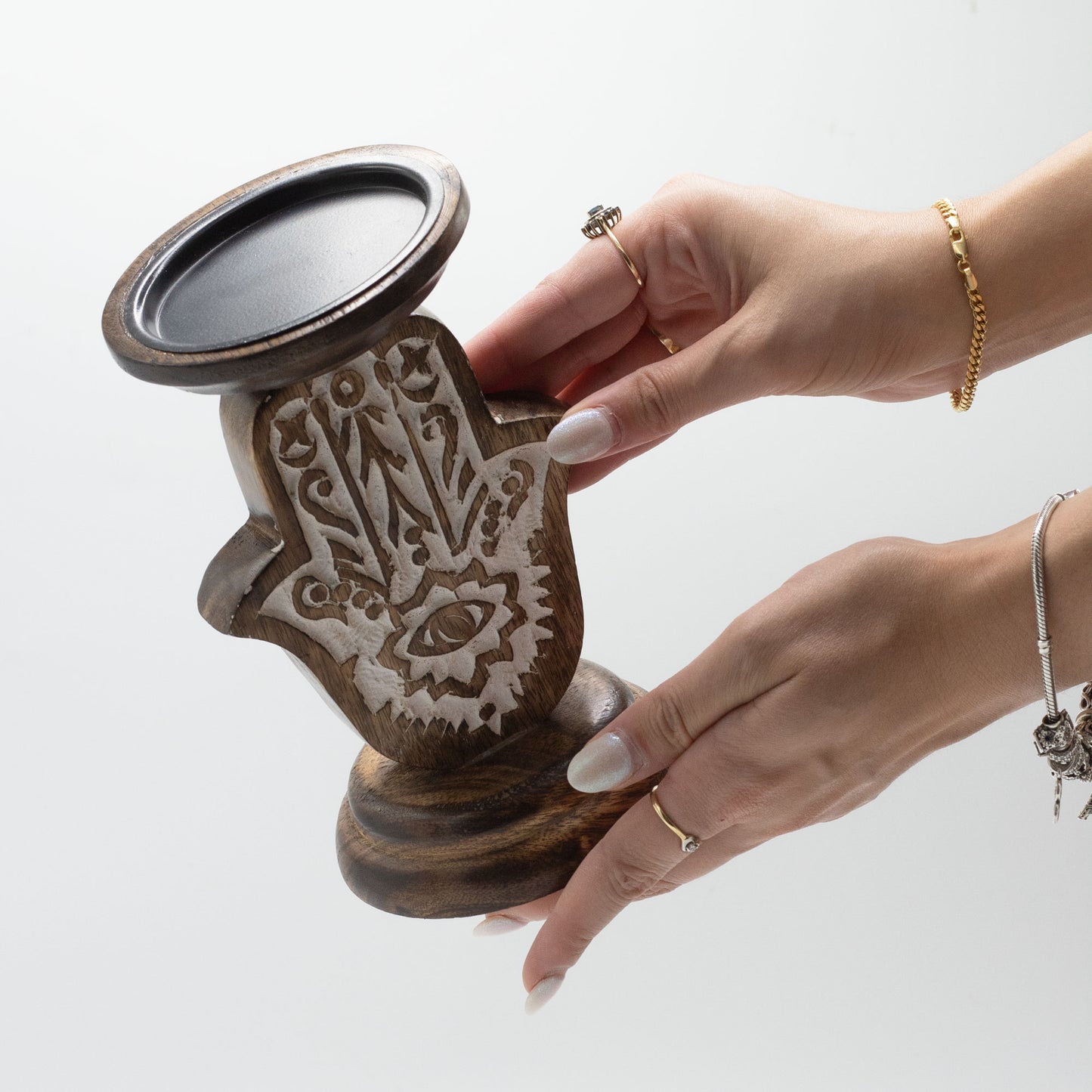 Kerzenhalter aus Mangoholz – Hamsa – Klein 18x11cm