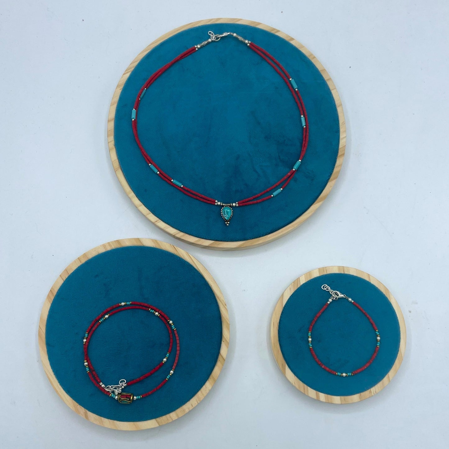 Collier népalais extra-fin à deux rangs - Pendentif rose et turquoise