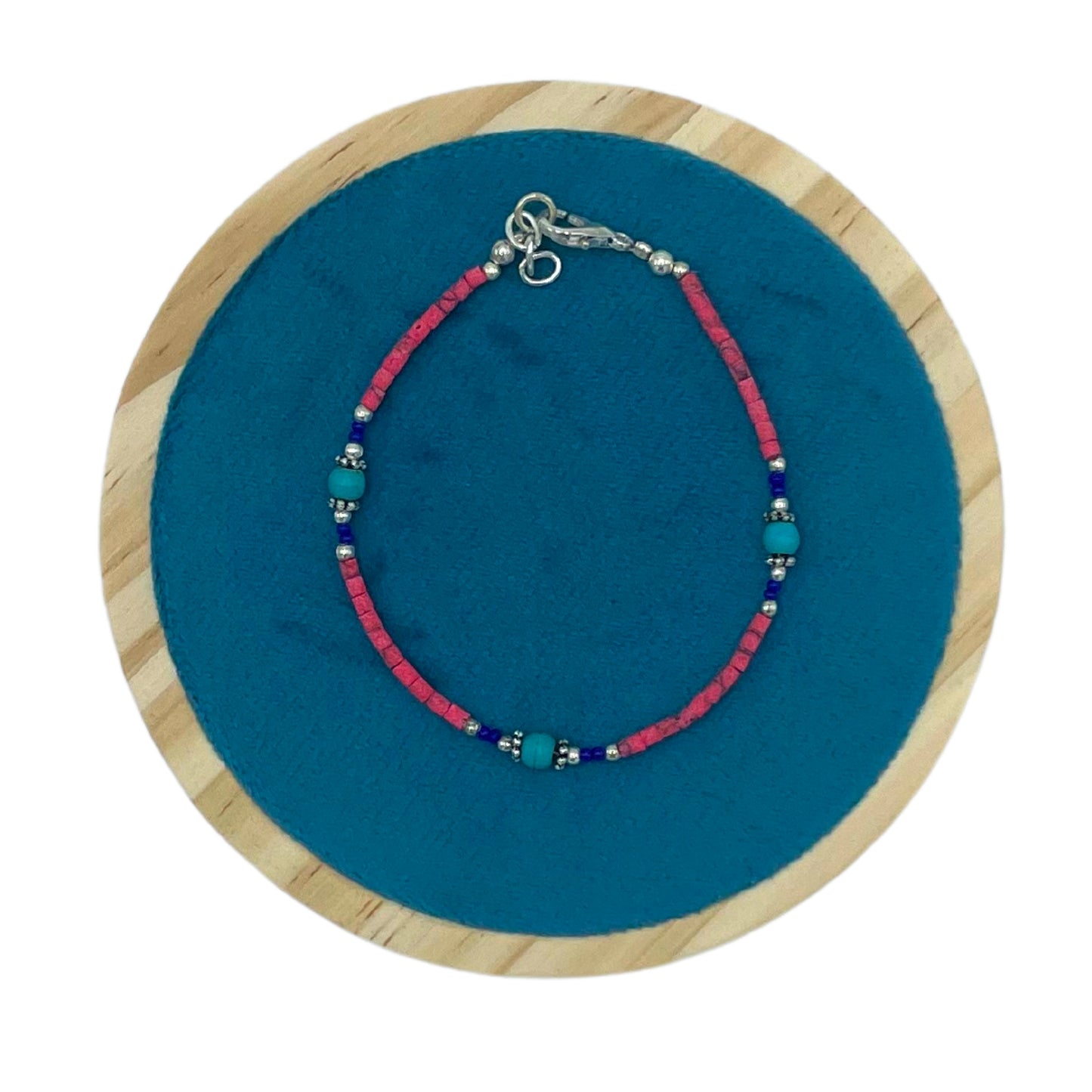 Bracelet népalais en pierres précieuses extra-fines - perles de corail rose et turquoise