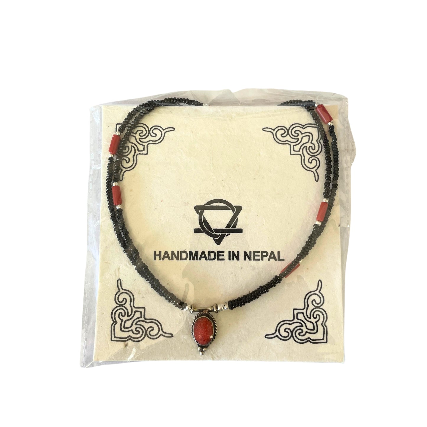 Collier népalais extra-fin à deux rangs - Pendentif noir et corail