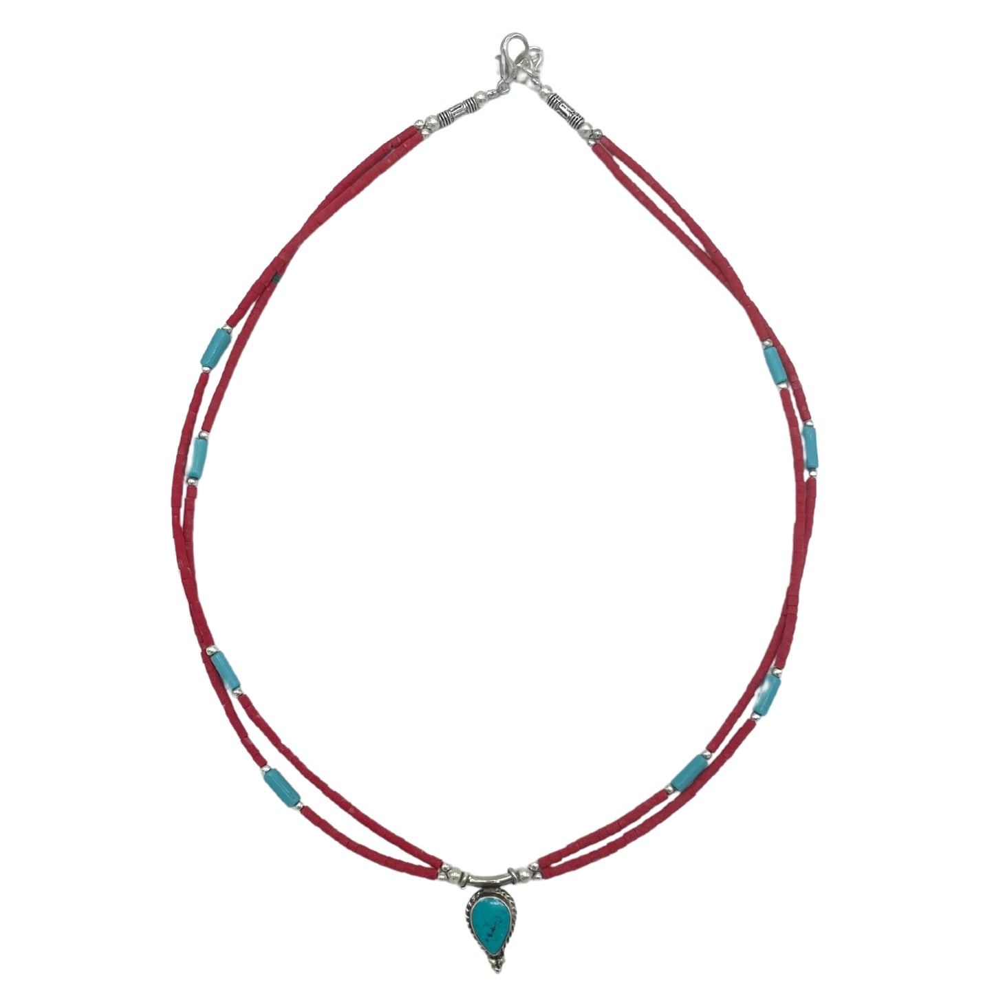 Collier népalais extra-fin à deux rangs - Pendentif rose et turquoise