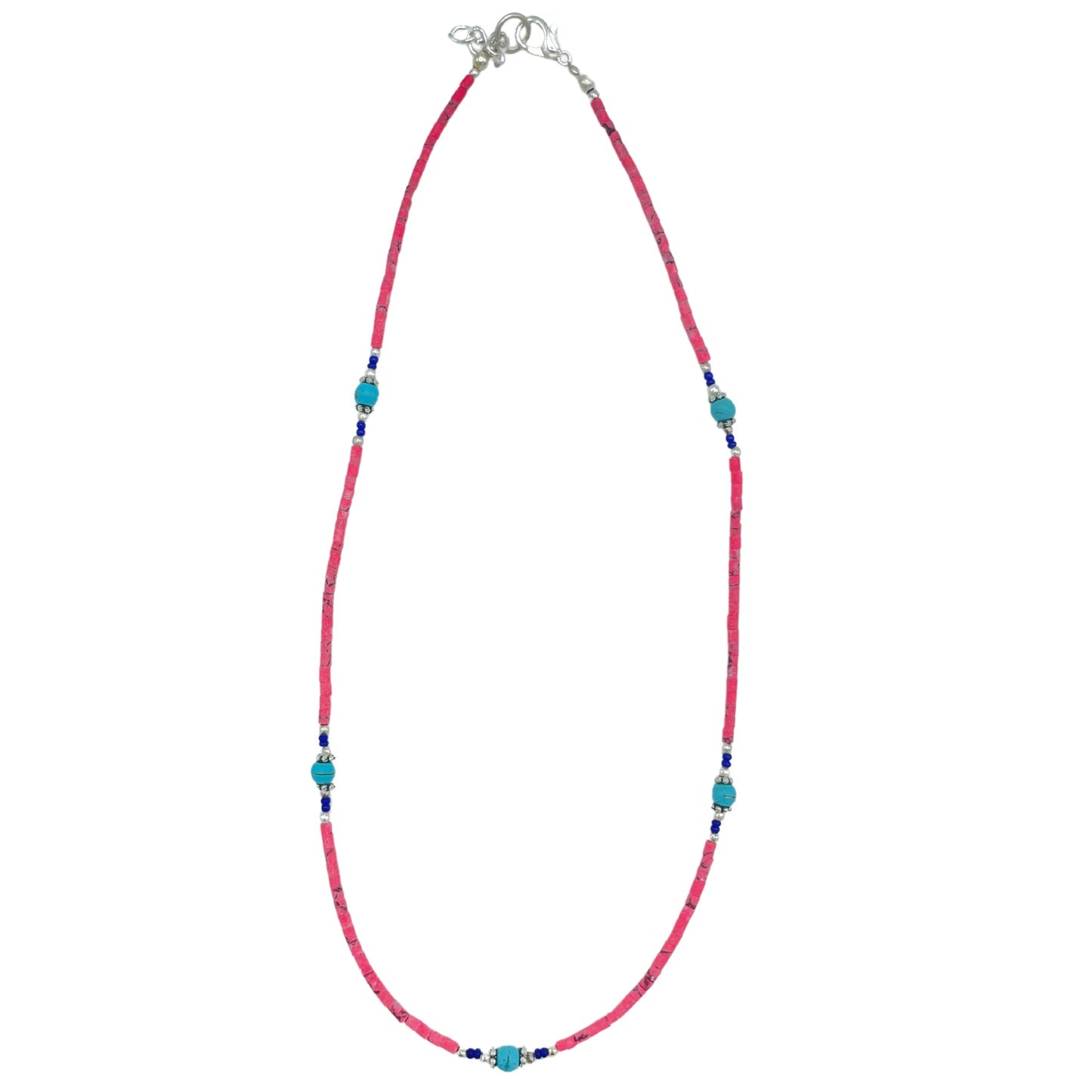 Collier népalais en pierres précieuses extra-fines - perles de corail rose et turquoise