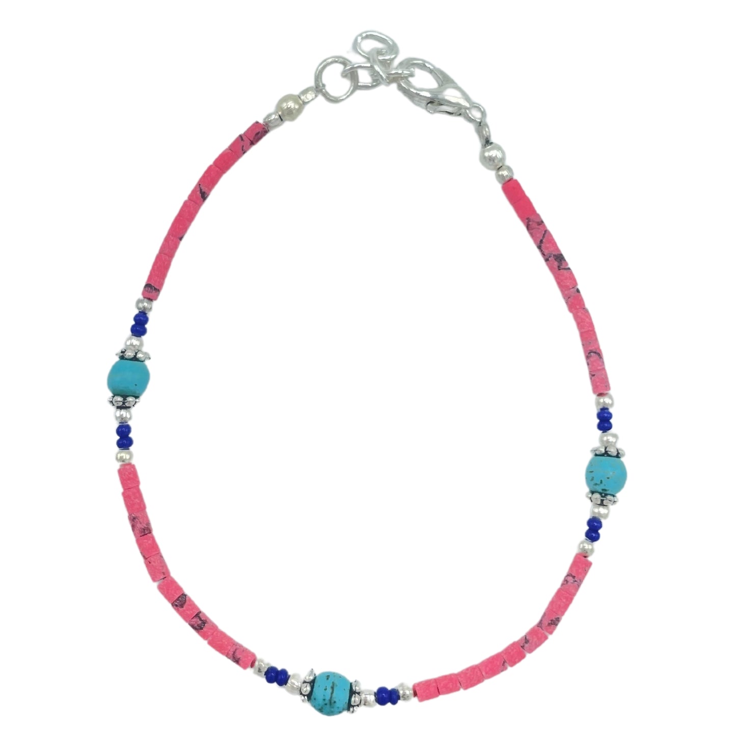 Bracelet népalais en pierres précieuses extra-fines - perles de corail rose et turquoise
