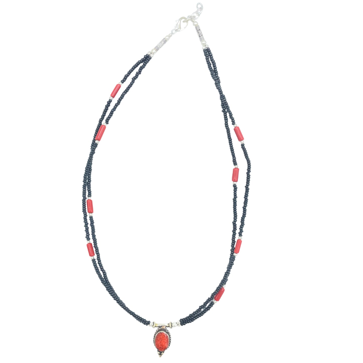 Collier népalais extra-fin à deux rangs - Pendentif noir et corail