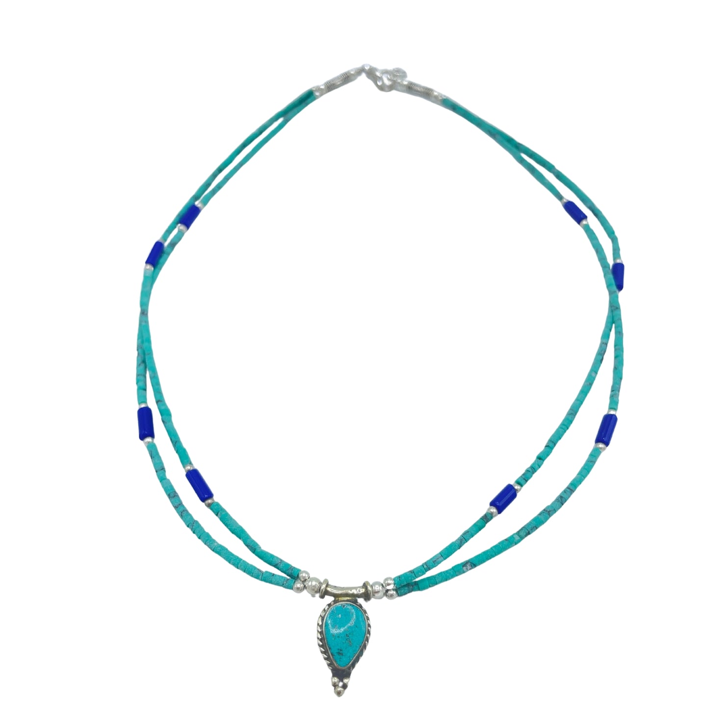 Collier népalais extra-fin à deux rangs - Pendentif lapis-lazuli et malachite