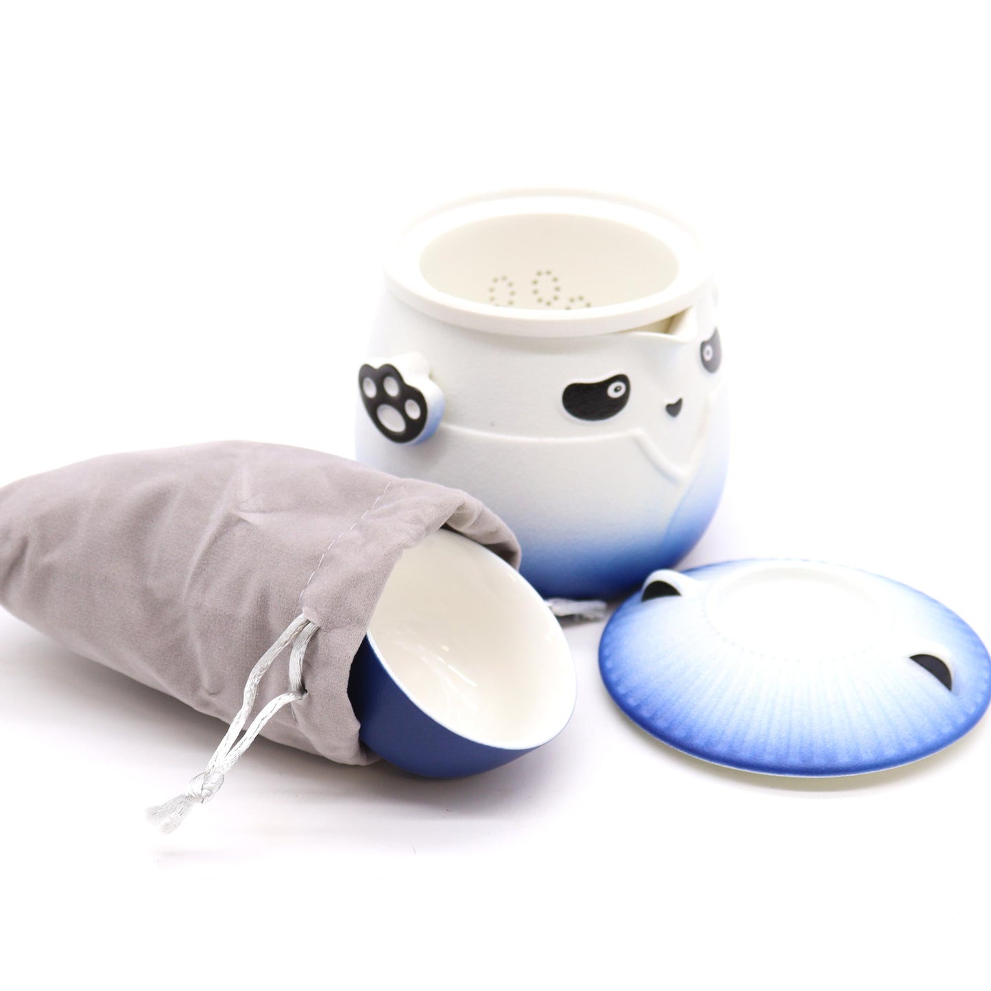 Ensemble théière et trois tasses Panda - Bleu ciel