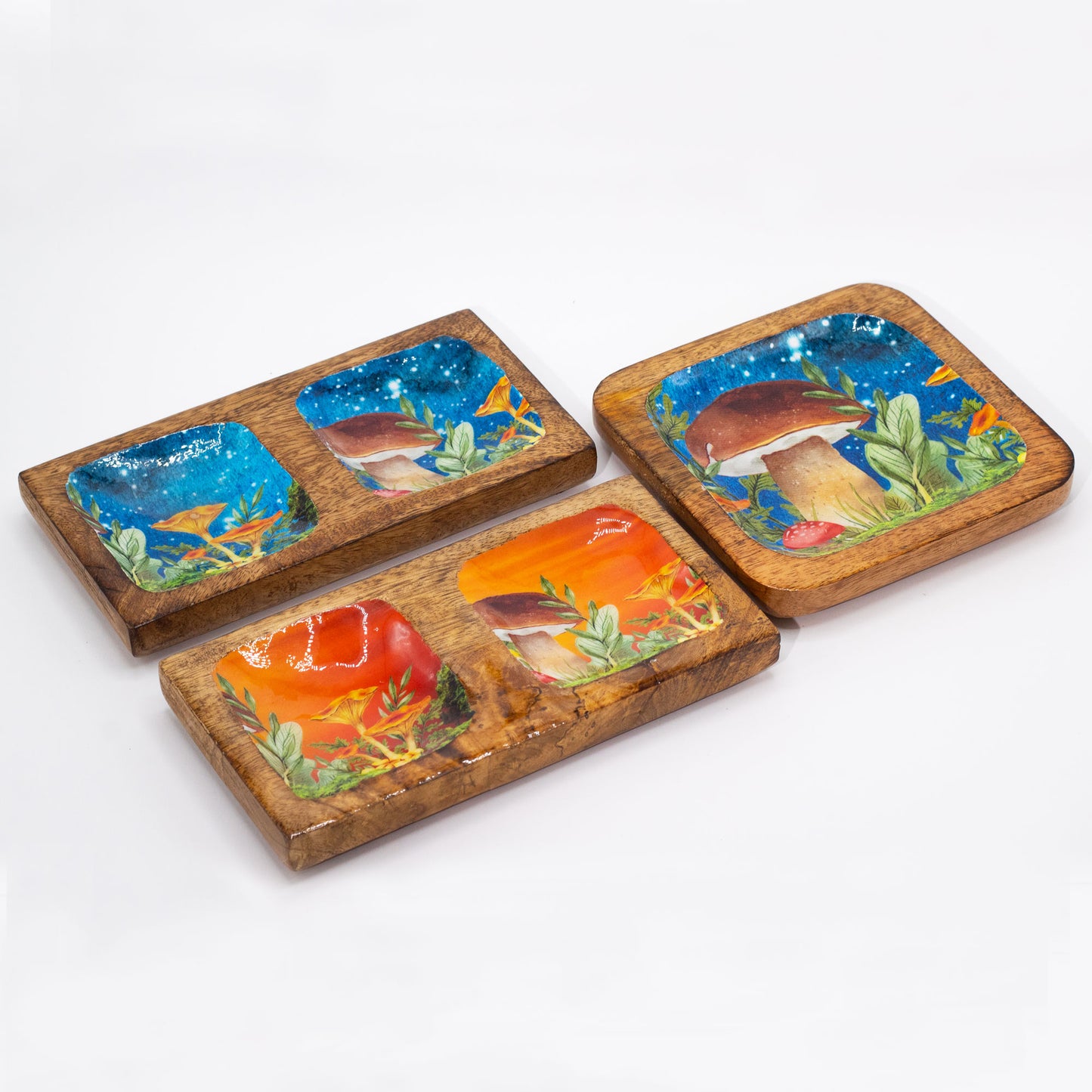 Doppeltes Tablett 20 x 10 x 2,5 cm – Blaugrünes Pilzdesign