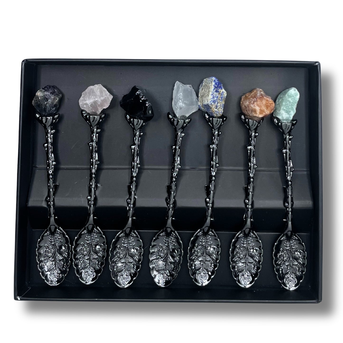 Juego de 7 Cucharas de Bruja de Cristal de Piedra Preciosa de Plata Oscura