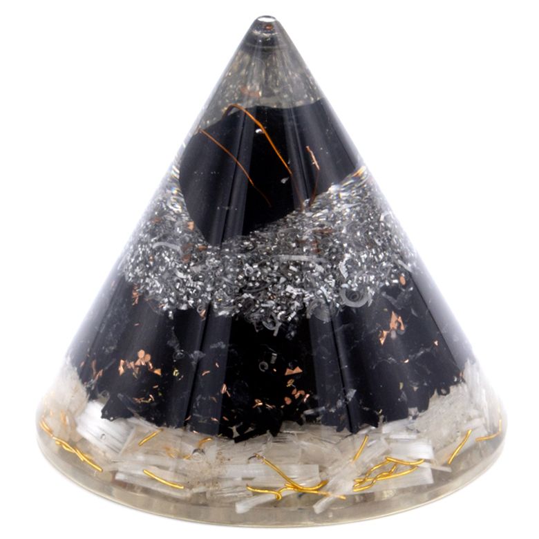 Cône d'orgonite - Sélénite et tourmaline noire en cuivre - 90 mm