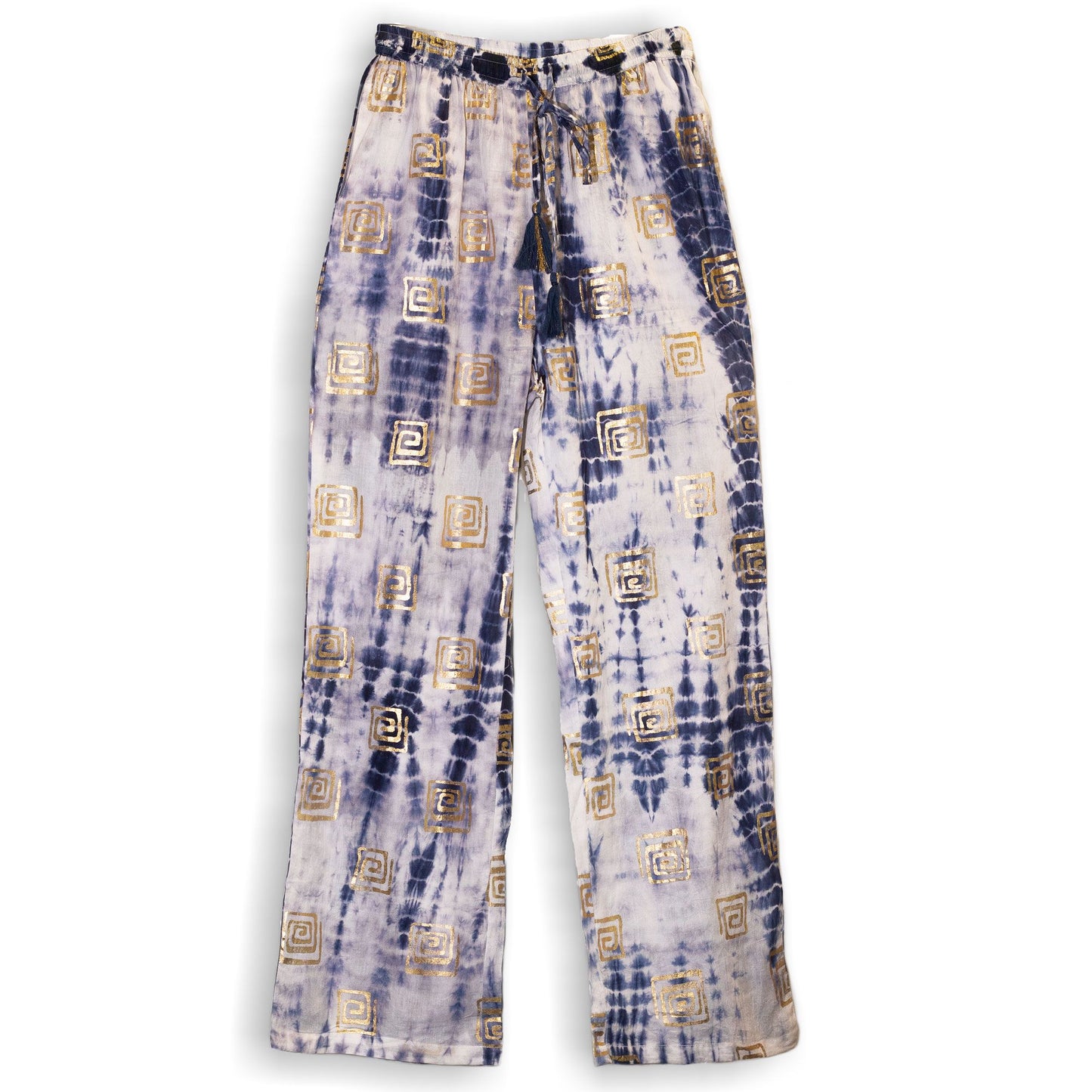 (LXL) Colección Nómada Sari Mediterráneo - Pantalones - Motivo Griego en Oro y Azul