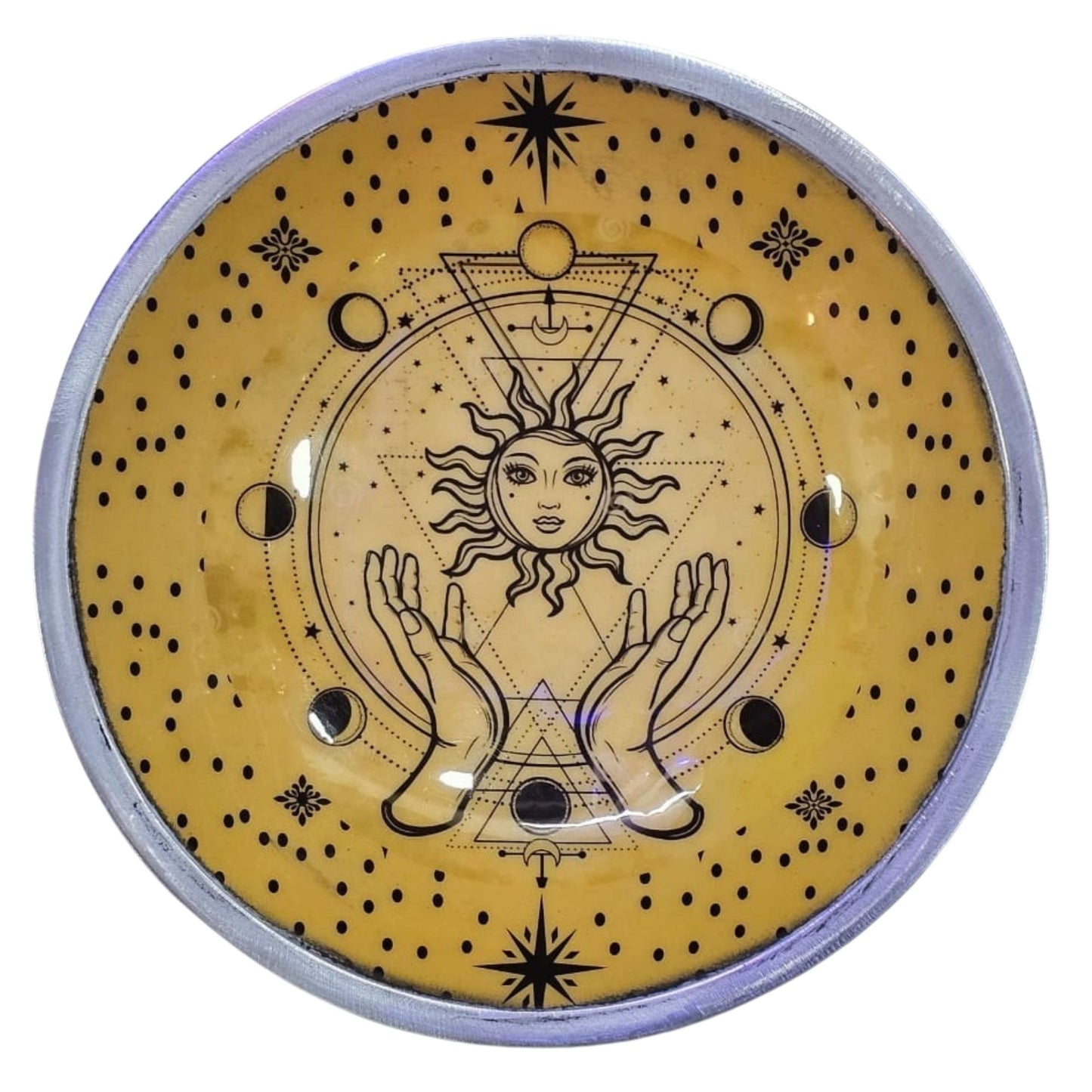 Assiette d'offrande émaillée à trois pieds - Mains et Soleil