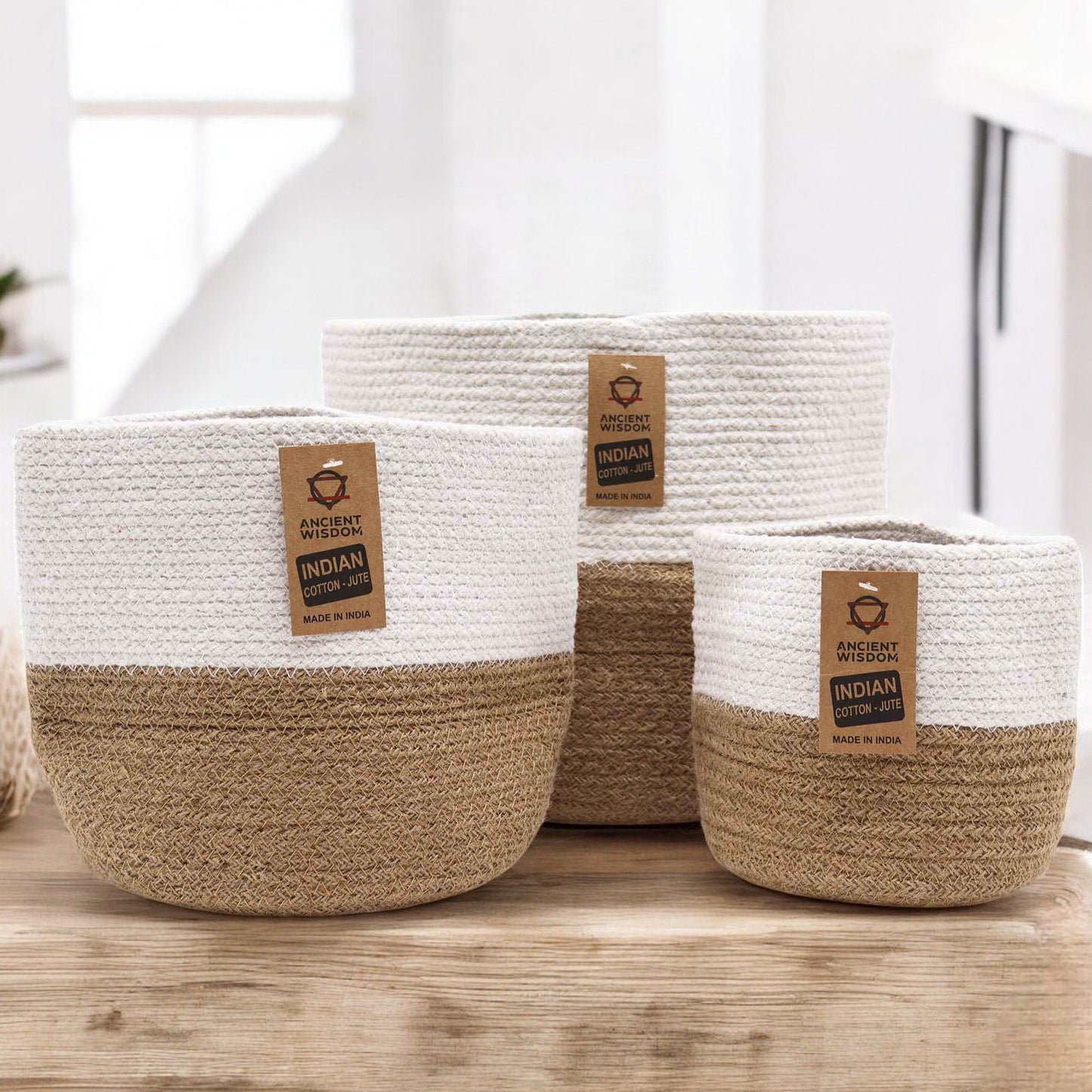 Petit panier en coton et jute 15x15cm - Blanc