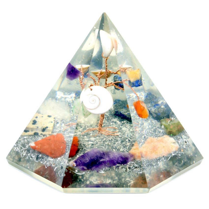 Pyramide à 7 faces en orgonite - Arbre de la sagesse en pierres précieuses - 90 mm