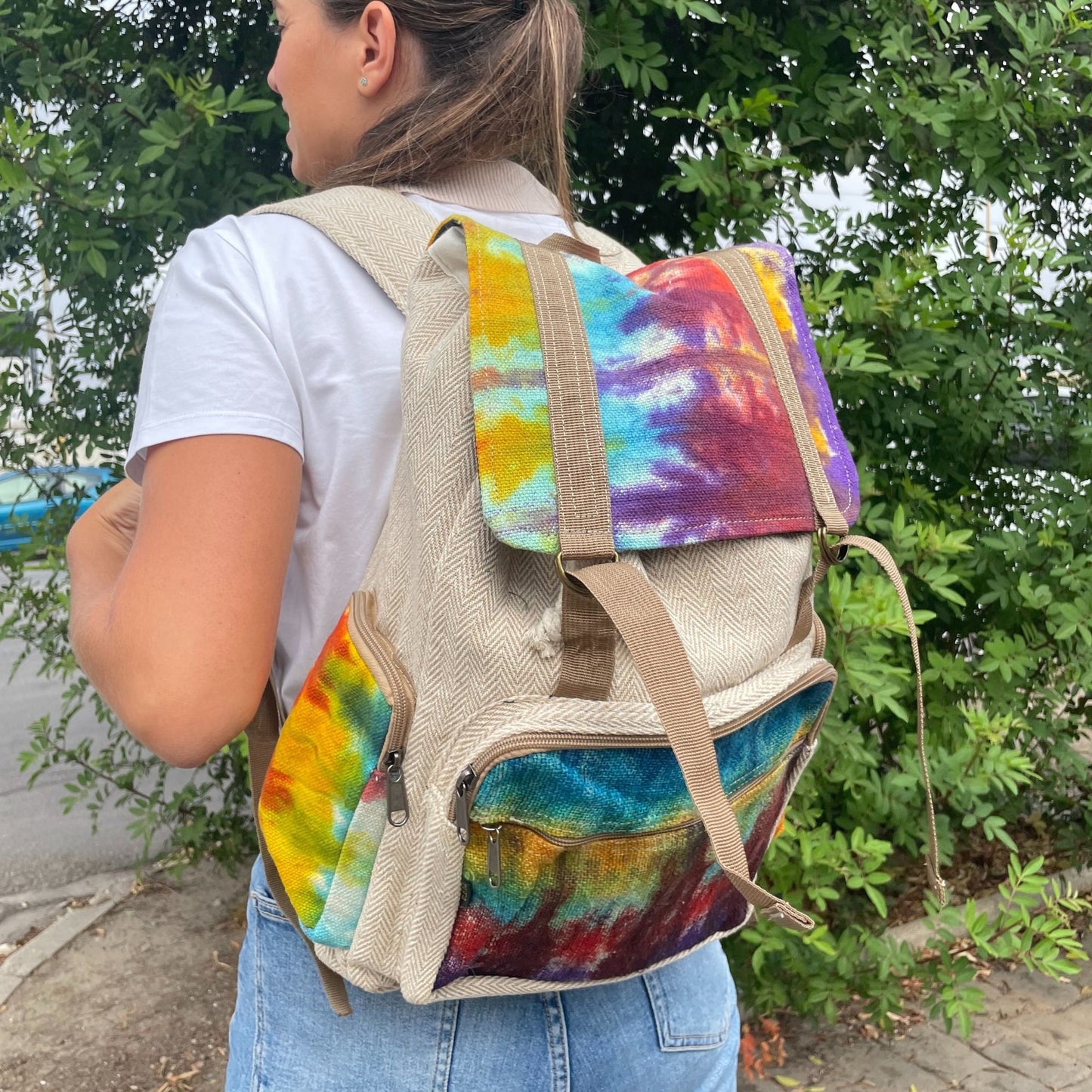 Grand sac à dos carré en chanvre Tiedye