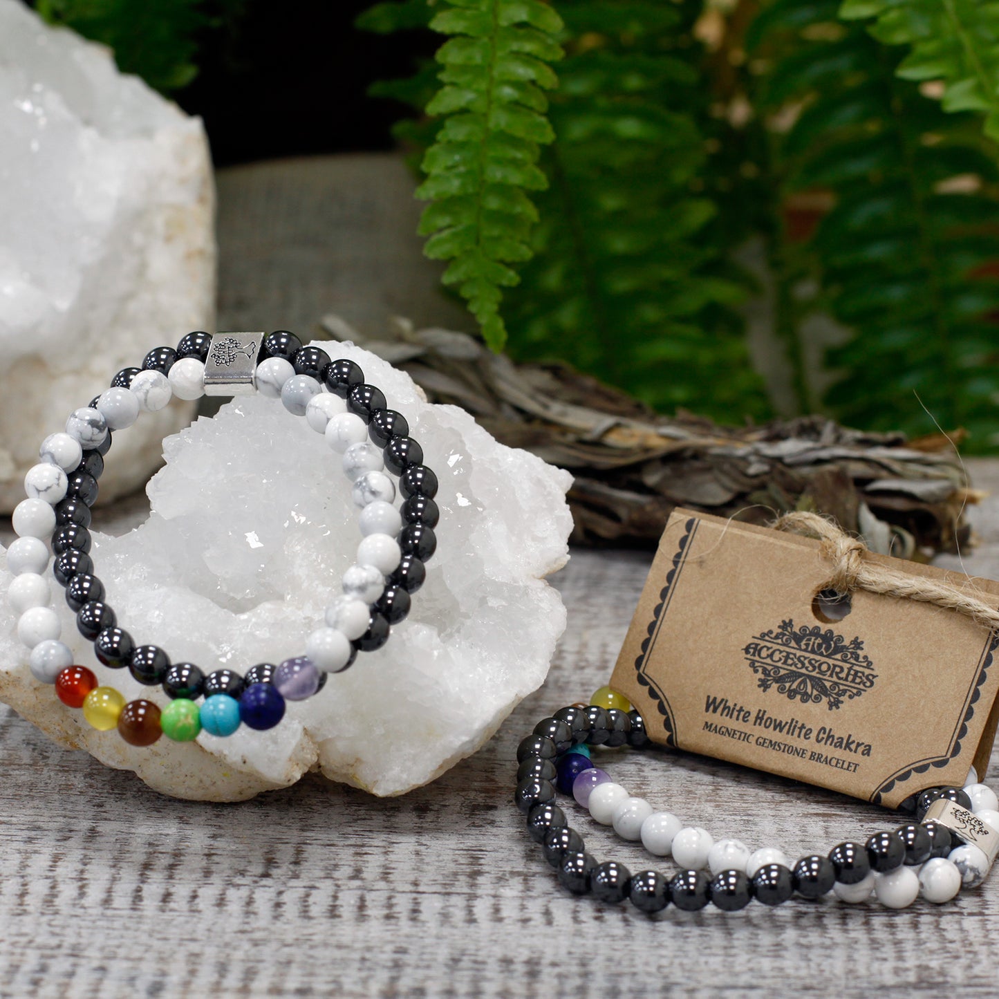 Bracelet magnétique en pierres précieuses - Chakra Howlite blanche