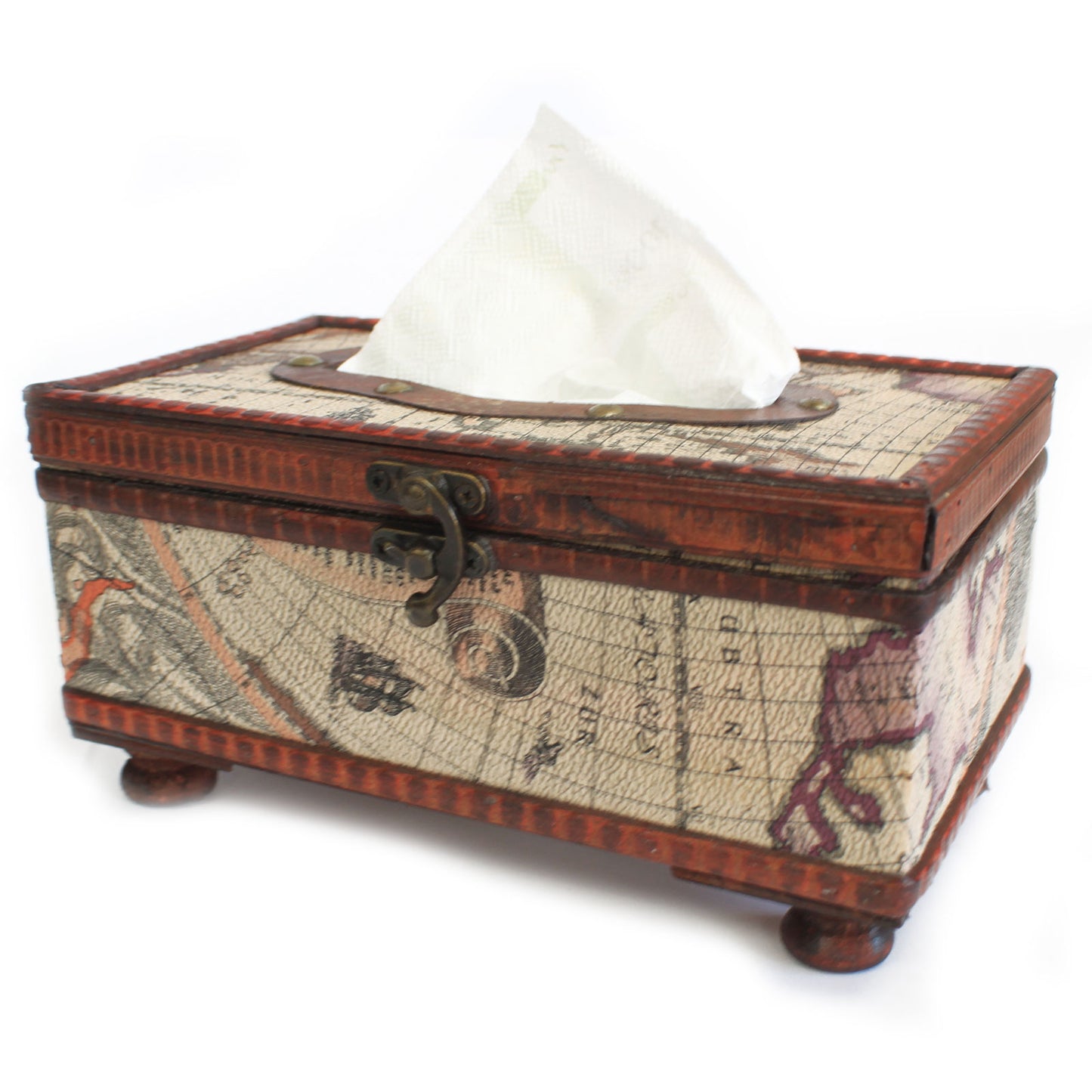 Antike Taschentuchbox mit Landkarte und Beinen