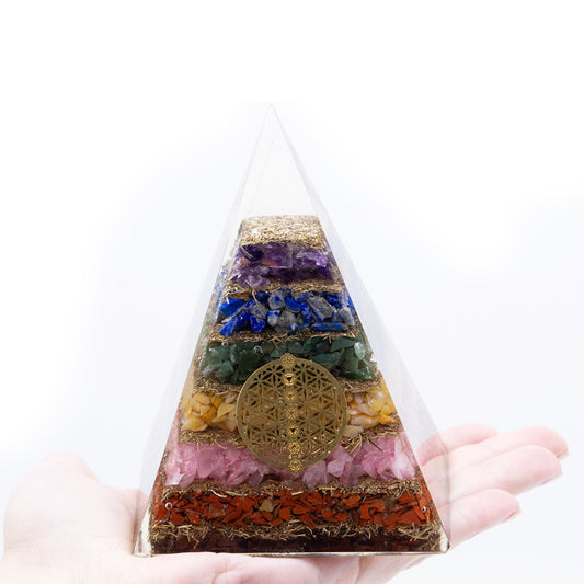 Pyramide d'orgonite Lrg 70 mm - Gemmes des chakras - Fleur de vie des sept chakras - 70 mm