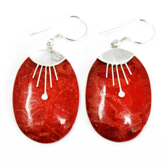 Boucles d'oreilles argent et corail - Ovale