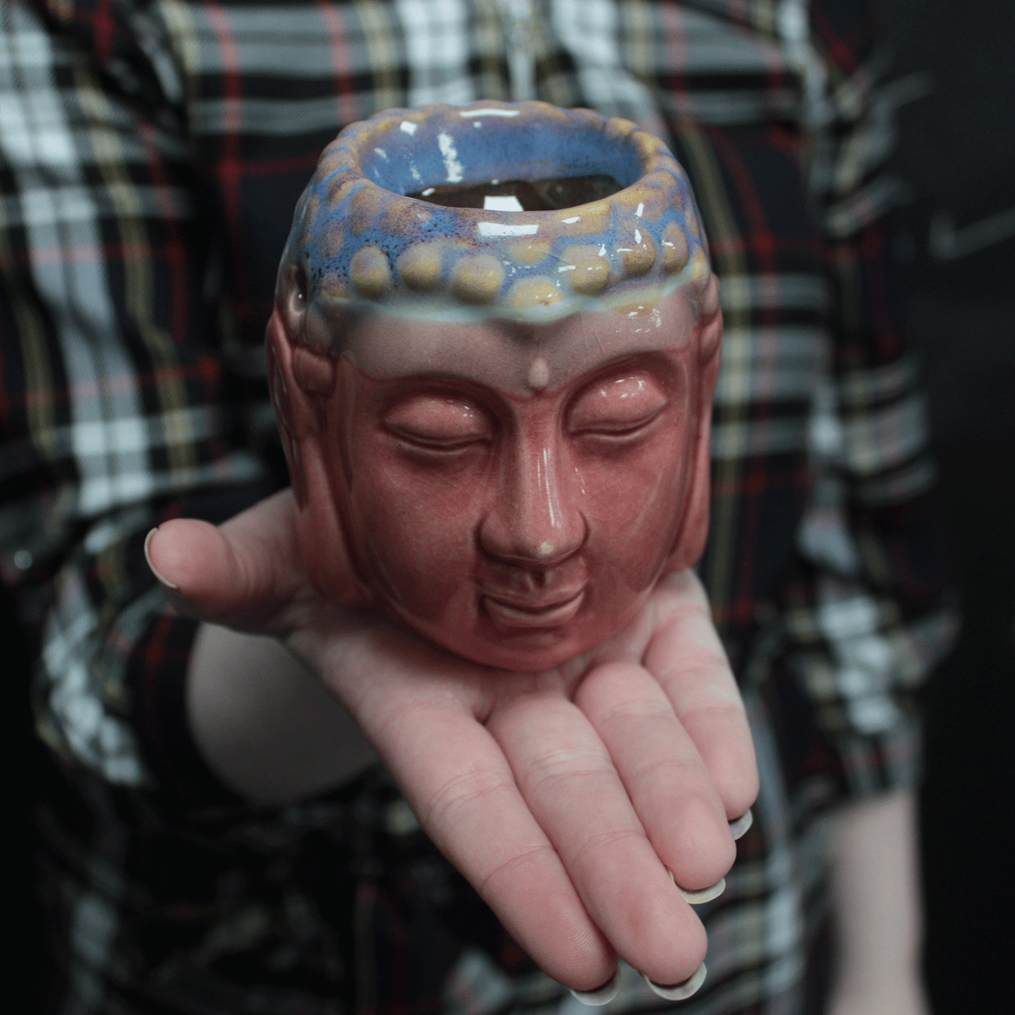 Brûleur à huile visage de Bouddha - Rose et bleu
