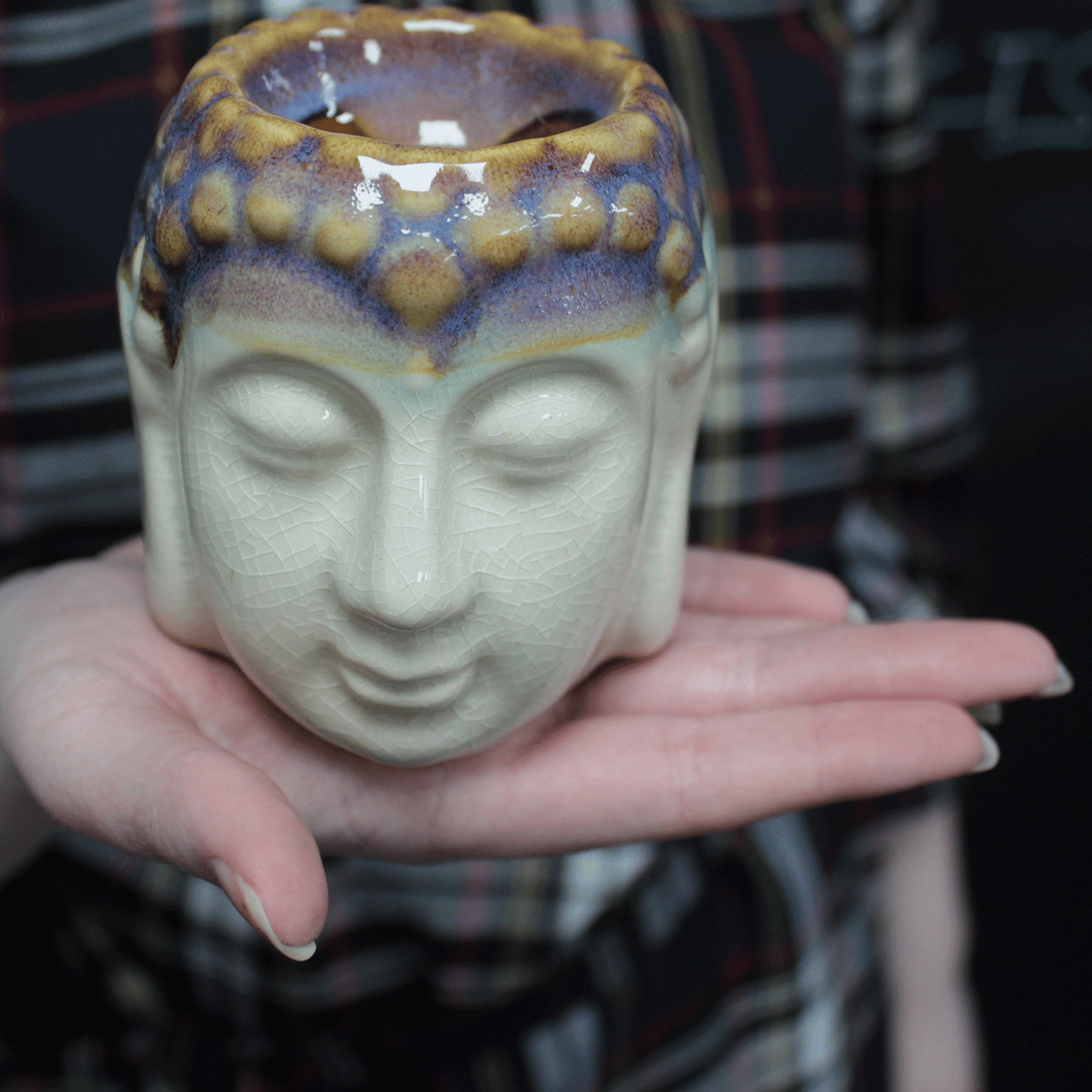 Brûleur à huile visage de Bouddha - Ivoire et bleu
