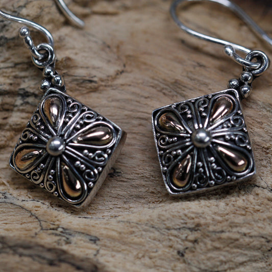 Boucles d'oreilles en argent et or - Goutte carrée
