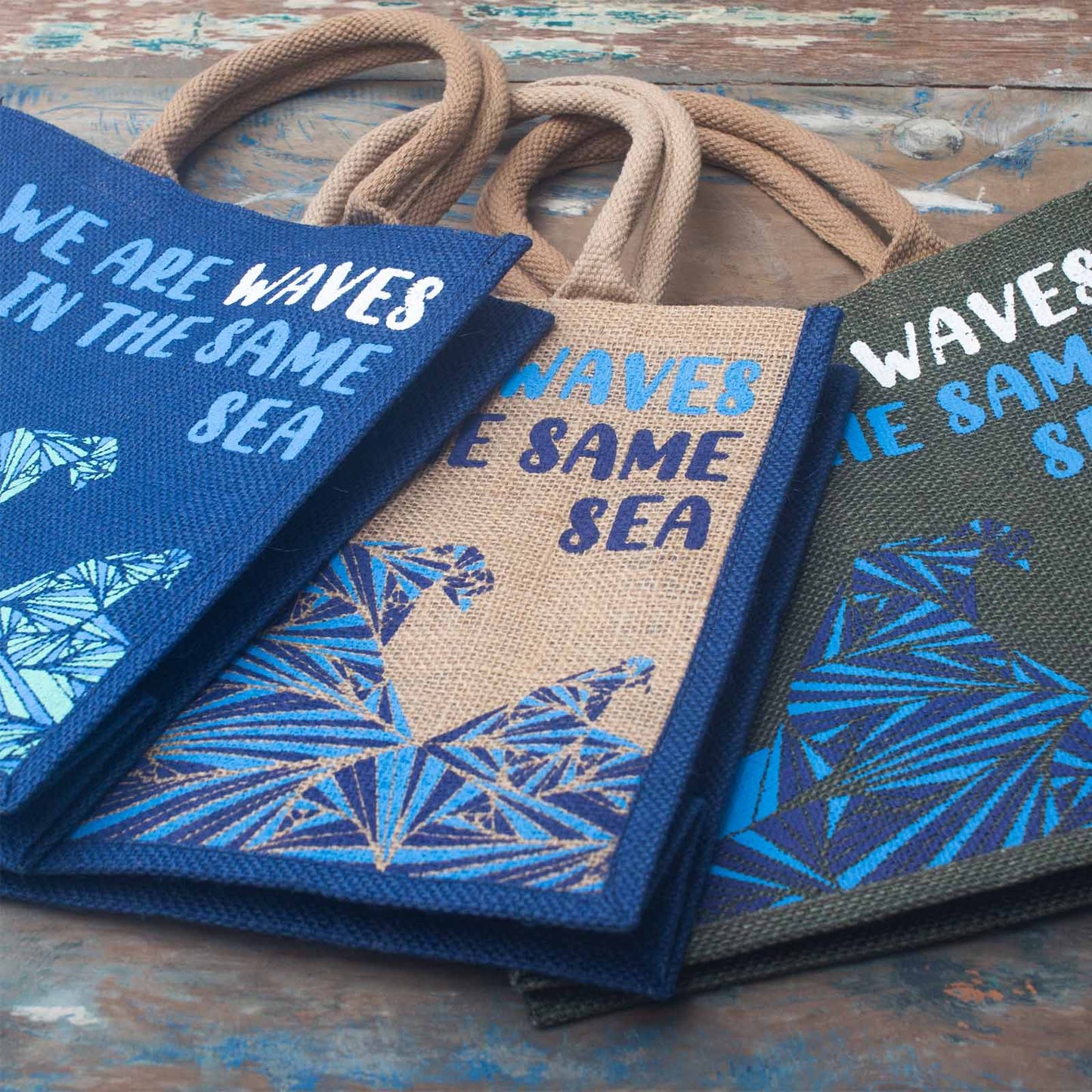 Sac en jute imprimé - We are waves - Gris, Bleu et Naturel