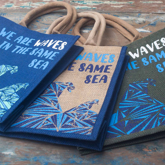 Sac en jute imprimé - We are waves - Gris, Bleu et Naturel