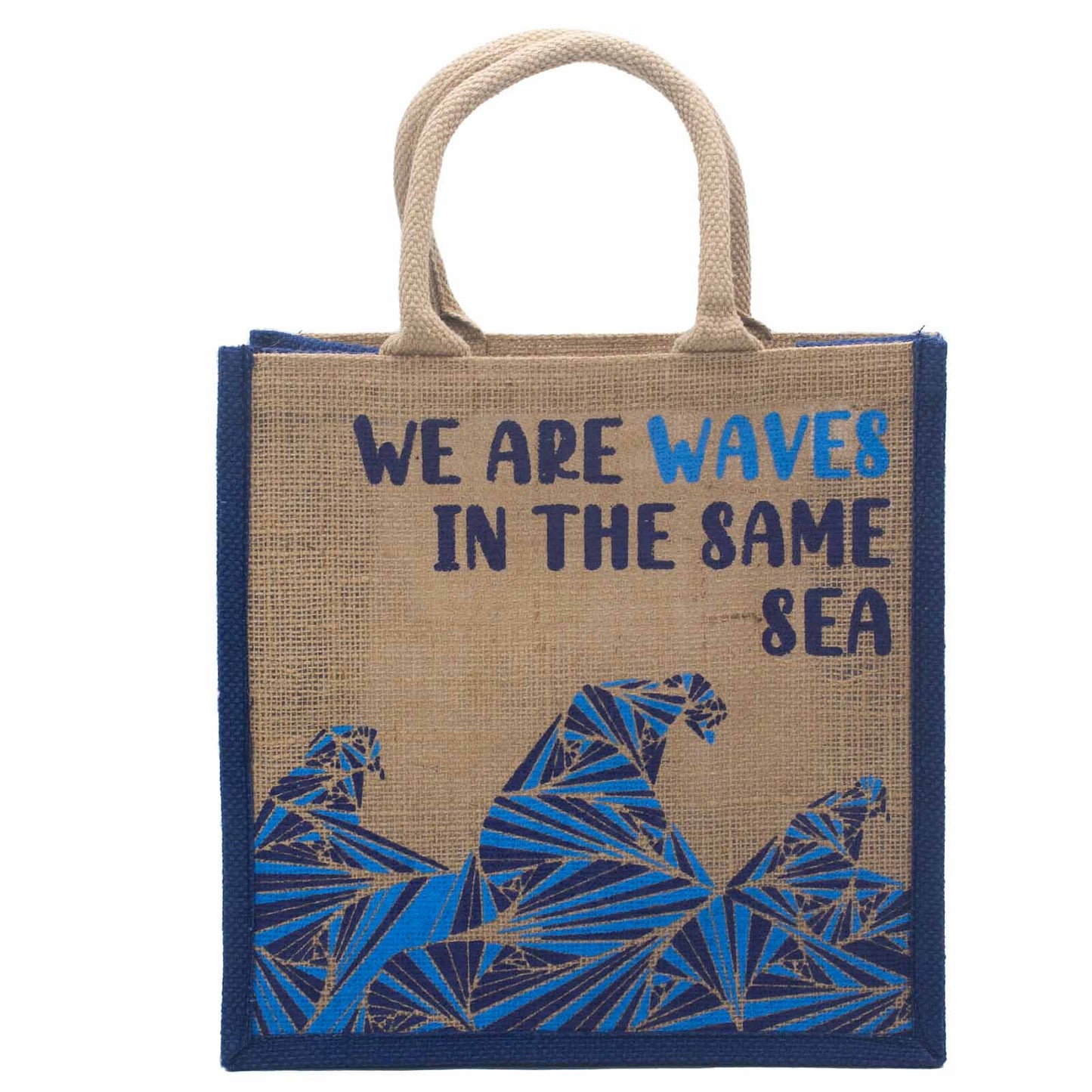 Sac en jute imprimé - We are waves - Gris, Bleu et Naturel
