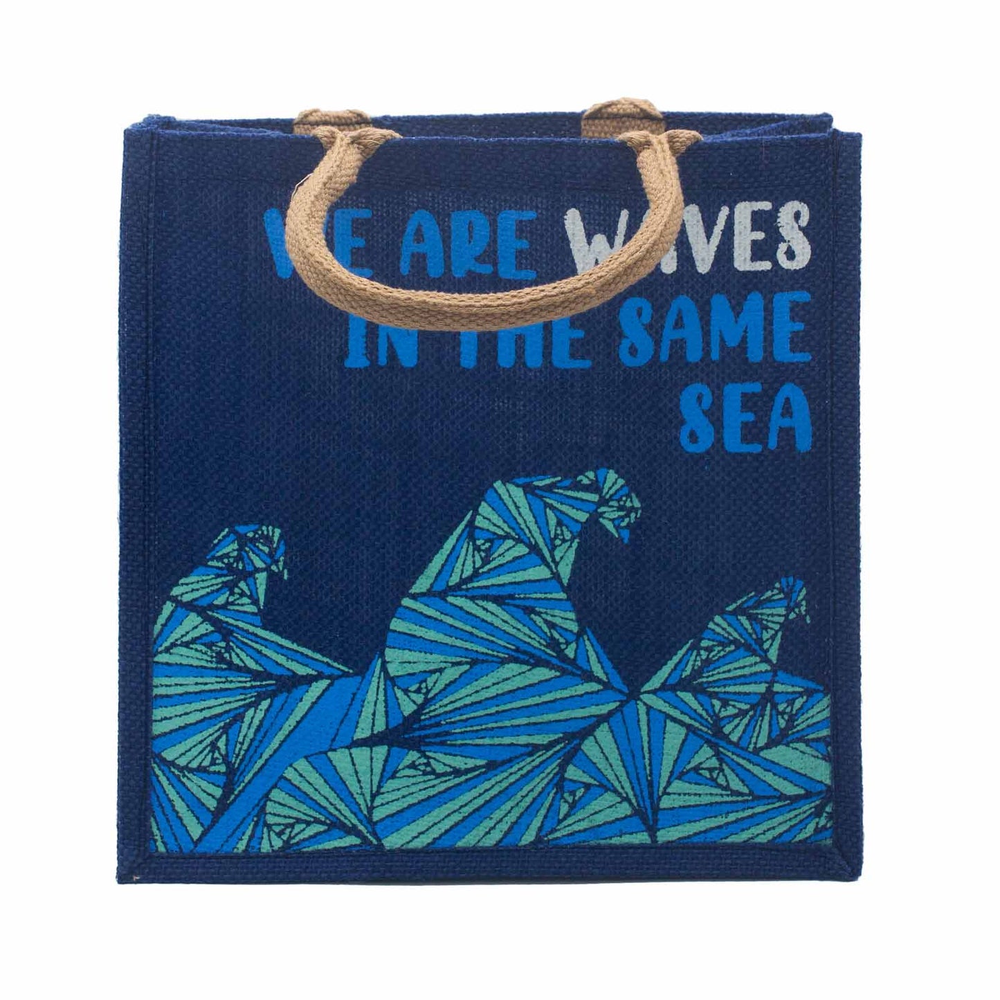 Sac en jute imprimé - We are waves - Gris, Bleu et Naturel