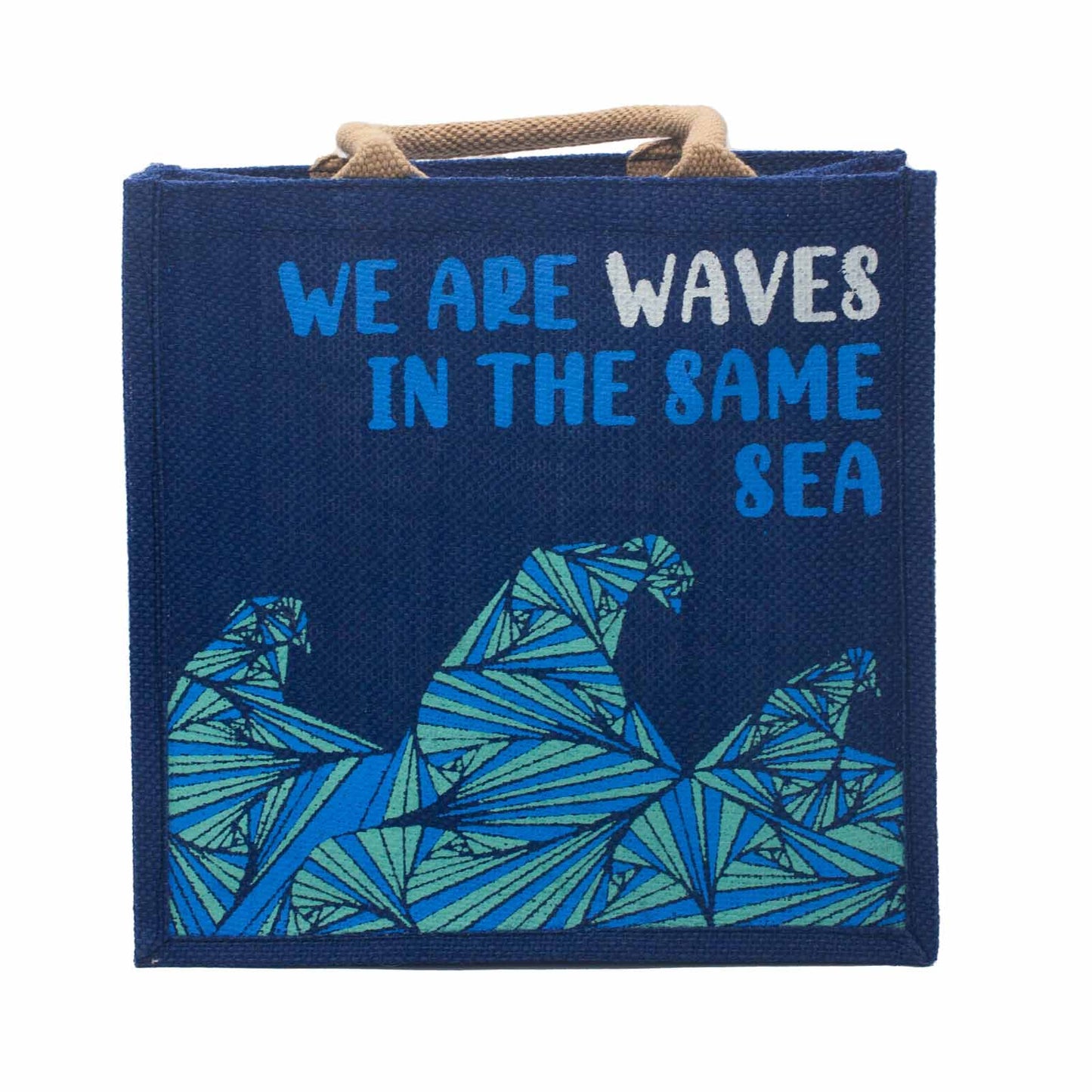 Sac en jute imprimé - We are waves - Gris, Bleu et Naturel