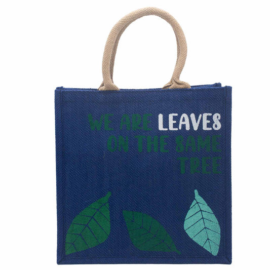 Sac en jute imprimé - Nous sommes des feuilles - Jaune, Bleu et Naturel