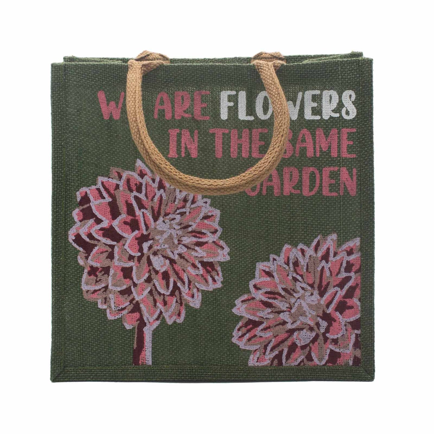 Sac en jute imprimé - Nous sommes des fleurs - Olive, Rose et Naturel