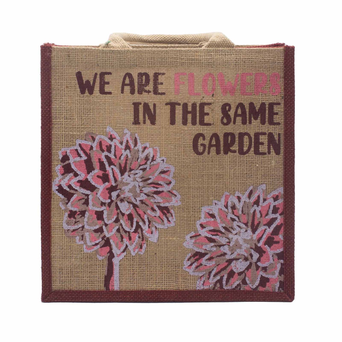Sac en jute imprimé - Nous sommes des fleurs - Olive, Rose et Naturel