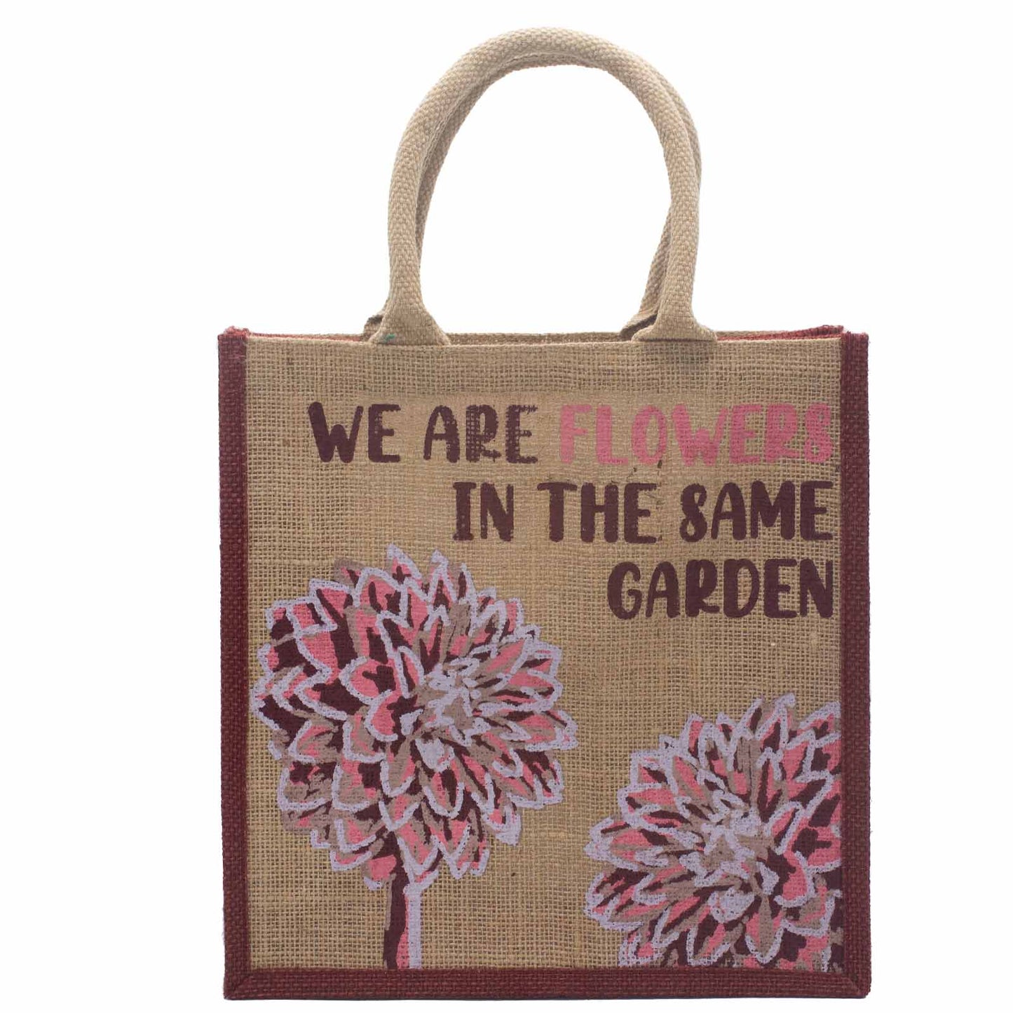 Sac en jute imprimé - Nous sommes des fleurs - Olive, Rose et Naturel