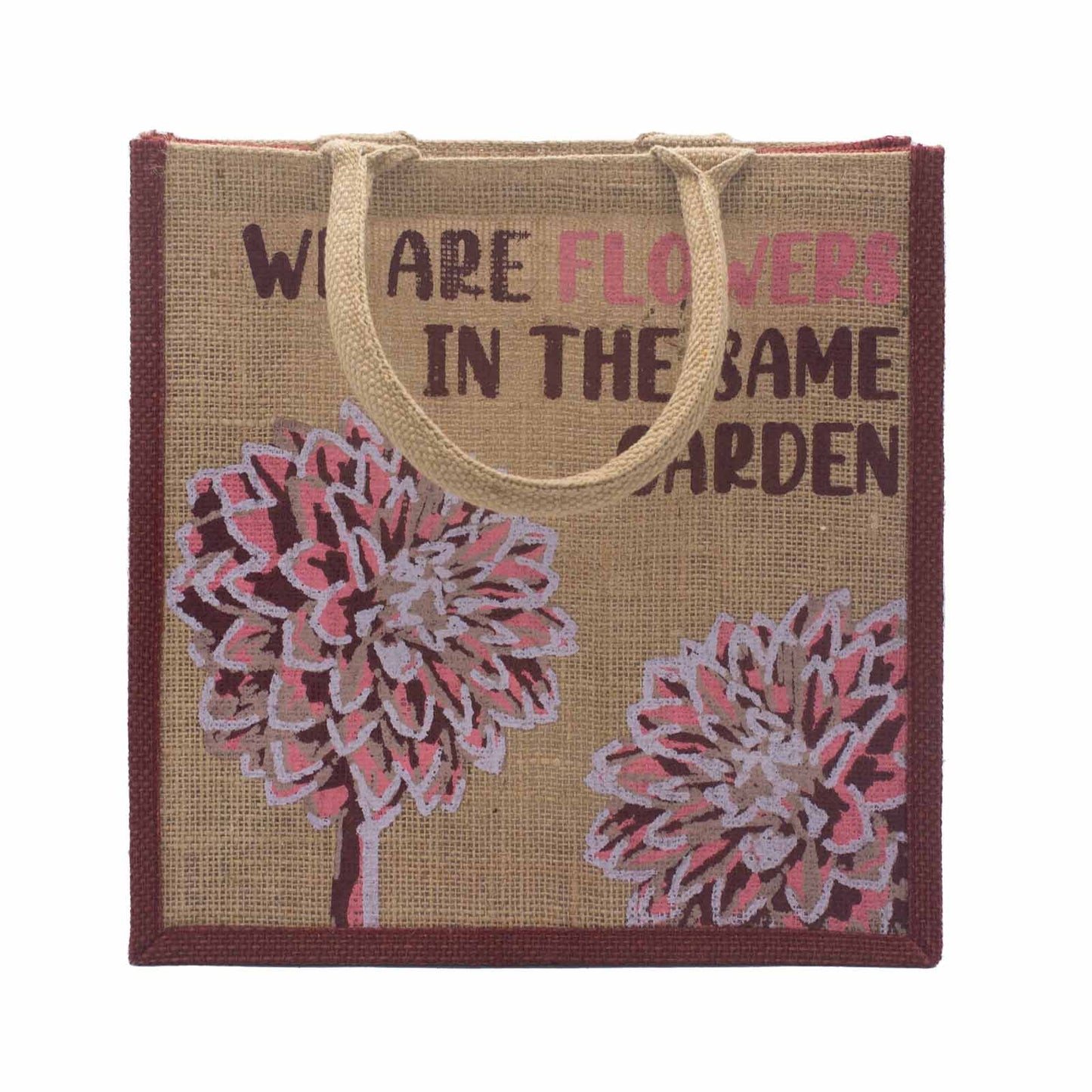 Sac en jute imprimé - Nous sommes des fleurs - Olive, Rose et Naturel