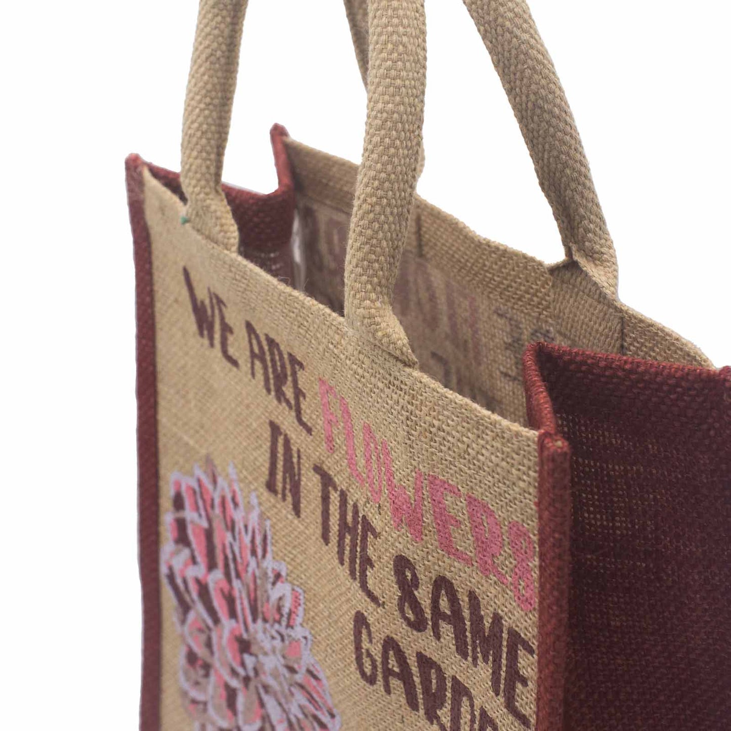 Sac en jute imprimé - Nous sommes des fleurs - Olive, Rose et Naturel