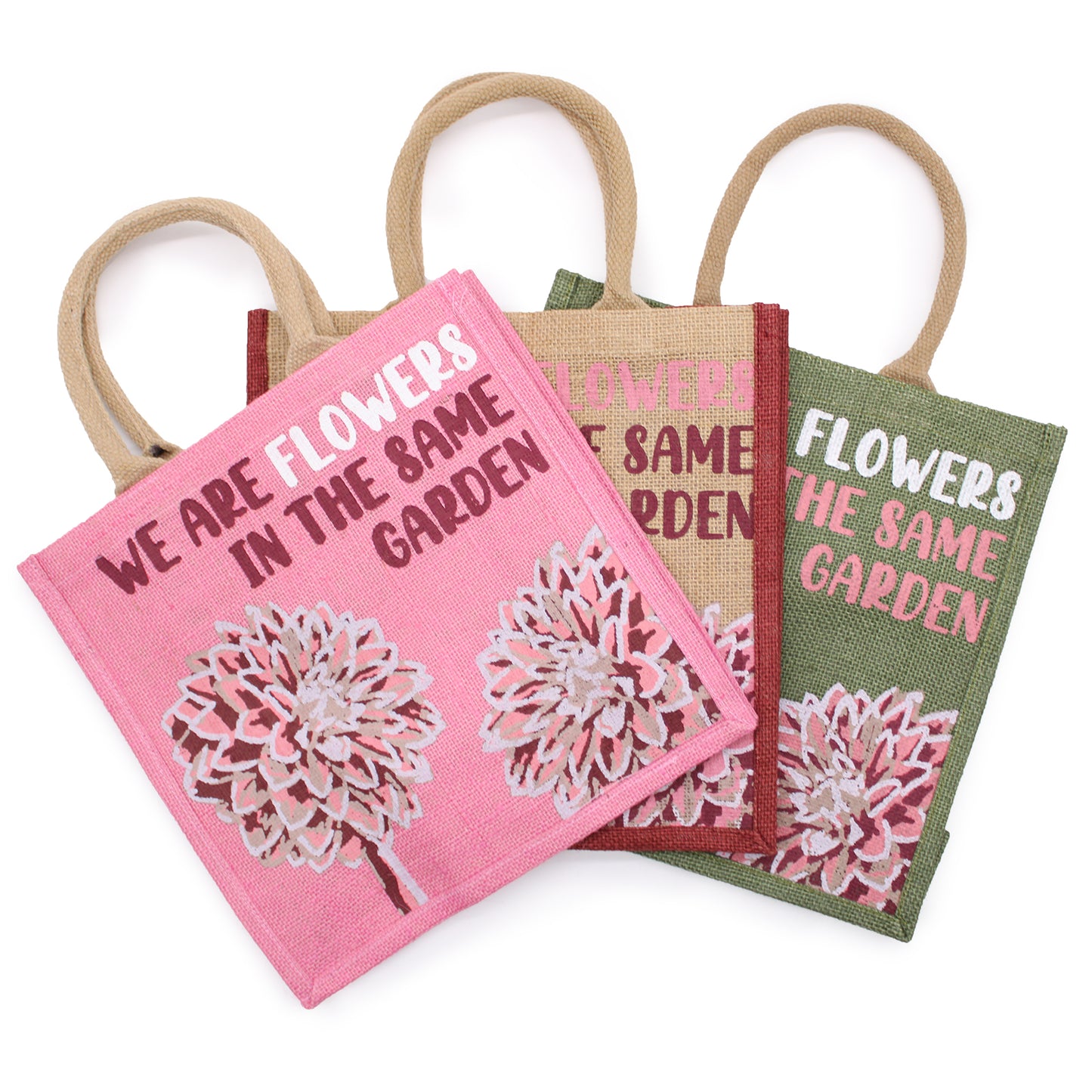 Sac en jute imprimé - Nous sommes des fleurs - Olive, Rose et Naturel
