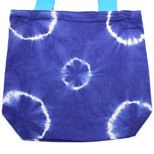 Sac en coton naturel motif « Tie Dye » (220 g) - 38 x 42 x 12 cm - Anneaux bleus - Anse bleue