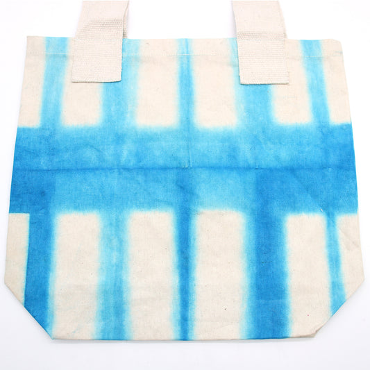 Sac en coton naturel motif « Tie Dye » (220 g) - 38 x 42 x 12 cm - Rectangles bleu clair - Anse naturelle