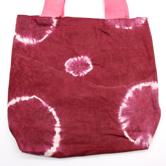 Sac en coton naturel motif « Tie Dye » (220 g) - 38 x 42 x 12 cm - Anneaux grenat - Anse rose